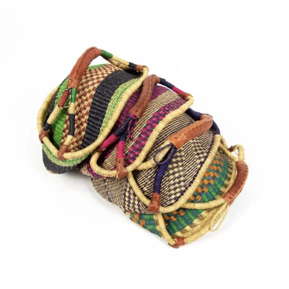 Africa Heartwood Project - Deluxe Colorful African Basket With Leather Handles - Handmade From Dried Elephant Grass, Hand-Woven