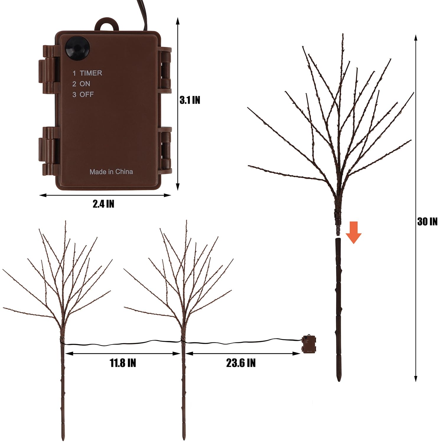 Lighted Christmas Tree Branches, 30IN 100LED Artificial Brown Twig Branch with Warm White Lights, Timer & Battery Operated, Wate