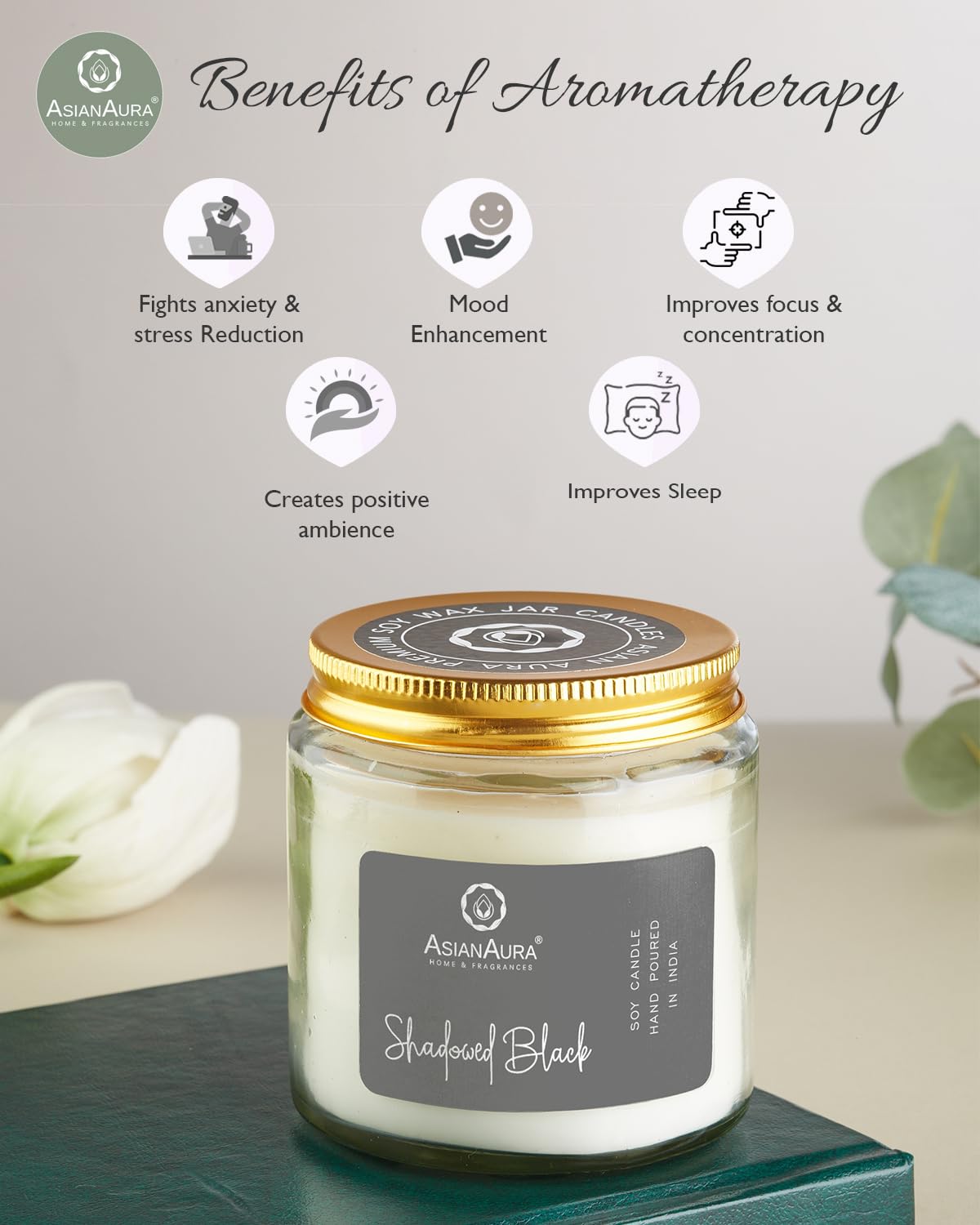 Asian Aura Scented Glass Jar Candle - 450g (Gross Wt.) - Shadowed Black |36 Hours Burn Time |Smoke-Free Aroma Candle for Home Fr