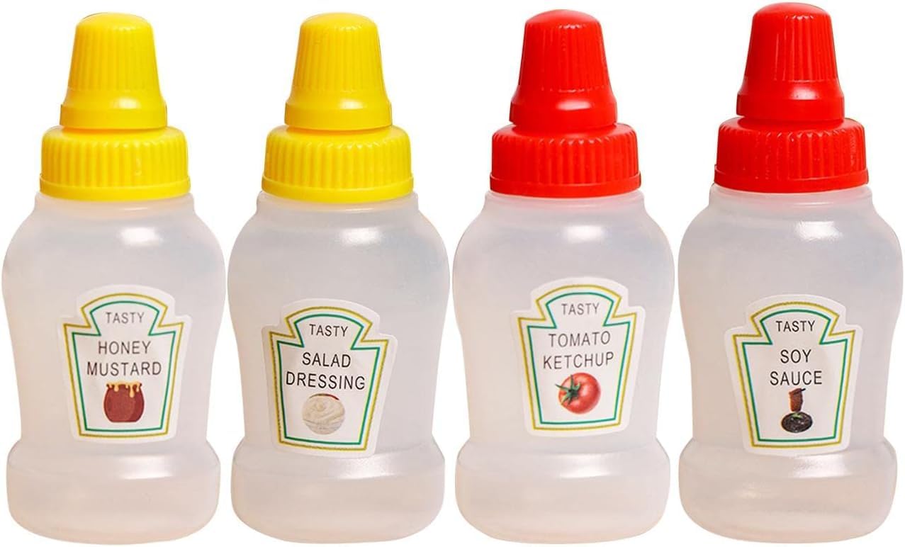 WLSuDHoncc 4Pcs Mini Ketchup Bottles, 25ml Refillable Condiment Squeeze Bottle Salad Dressing Tomato Bento Box Diner Mayo Syrup 