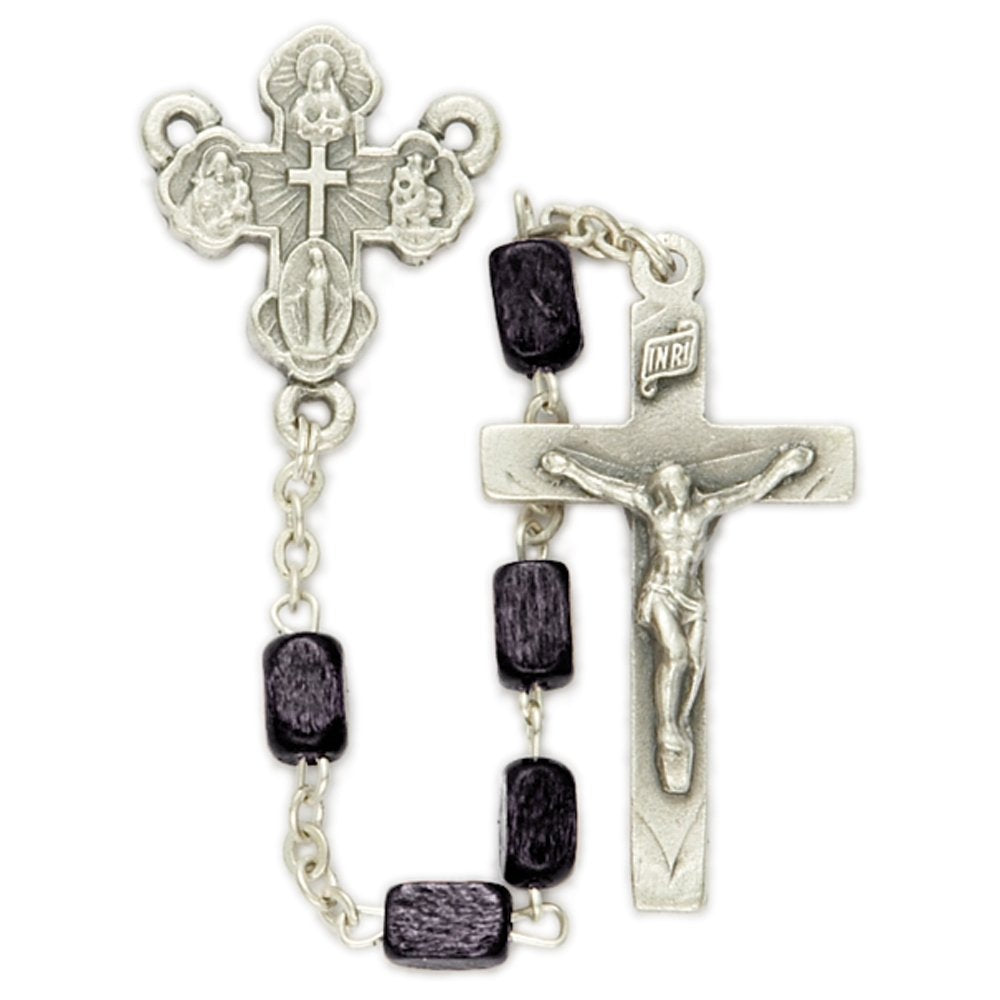 True Faith Jewelry Black Wooden Rosary Prayer Beads Four-Way Medal and Jesus Crucifix Cross, 29.5-Inch