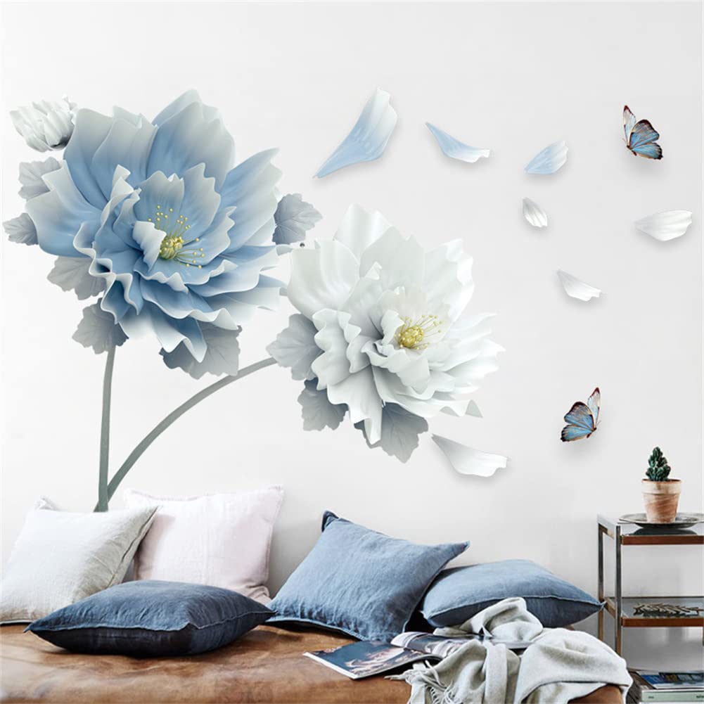 Blue Flower Wall Decals Stickers,Peel And Stick Flower Wall Sticker Diy Floral Wall Art For Bedroom Living Room Classroom Office