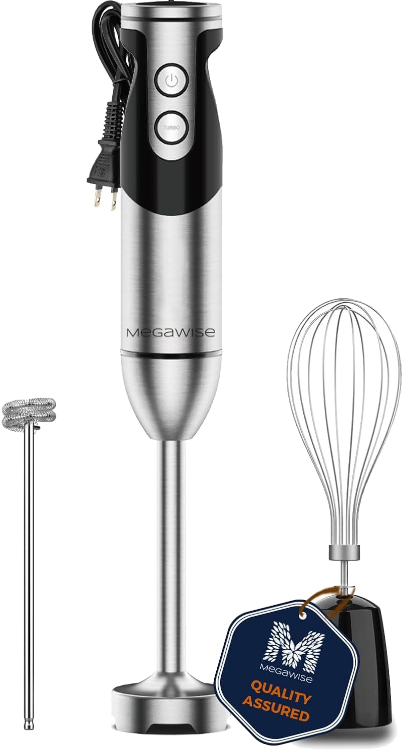 Megawise Pro Titanium Reinforced 3-In-1 Immersion Hand Blender, Powerful Copper Motor With 80% Sharper Blades, 12-Speed Corded B