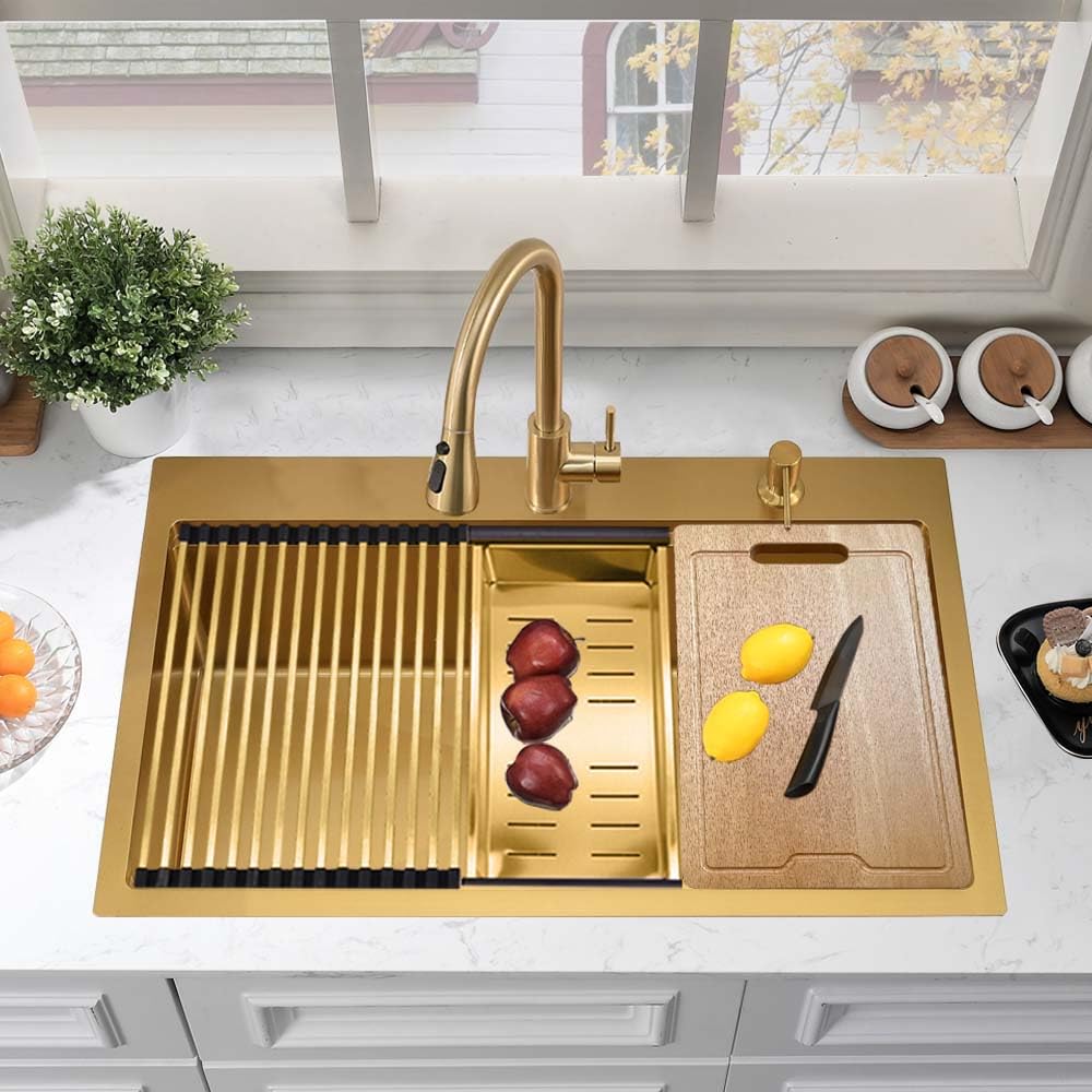 31 Inch Gold Kitchen Sink Drop In Workstation-Hovheir 31X20 Drop In Topmount Kitchen Sink Workstation 16 Gauge Stainless Steel B