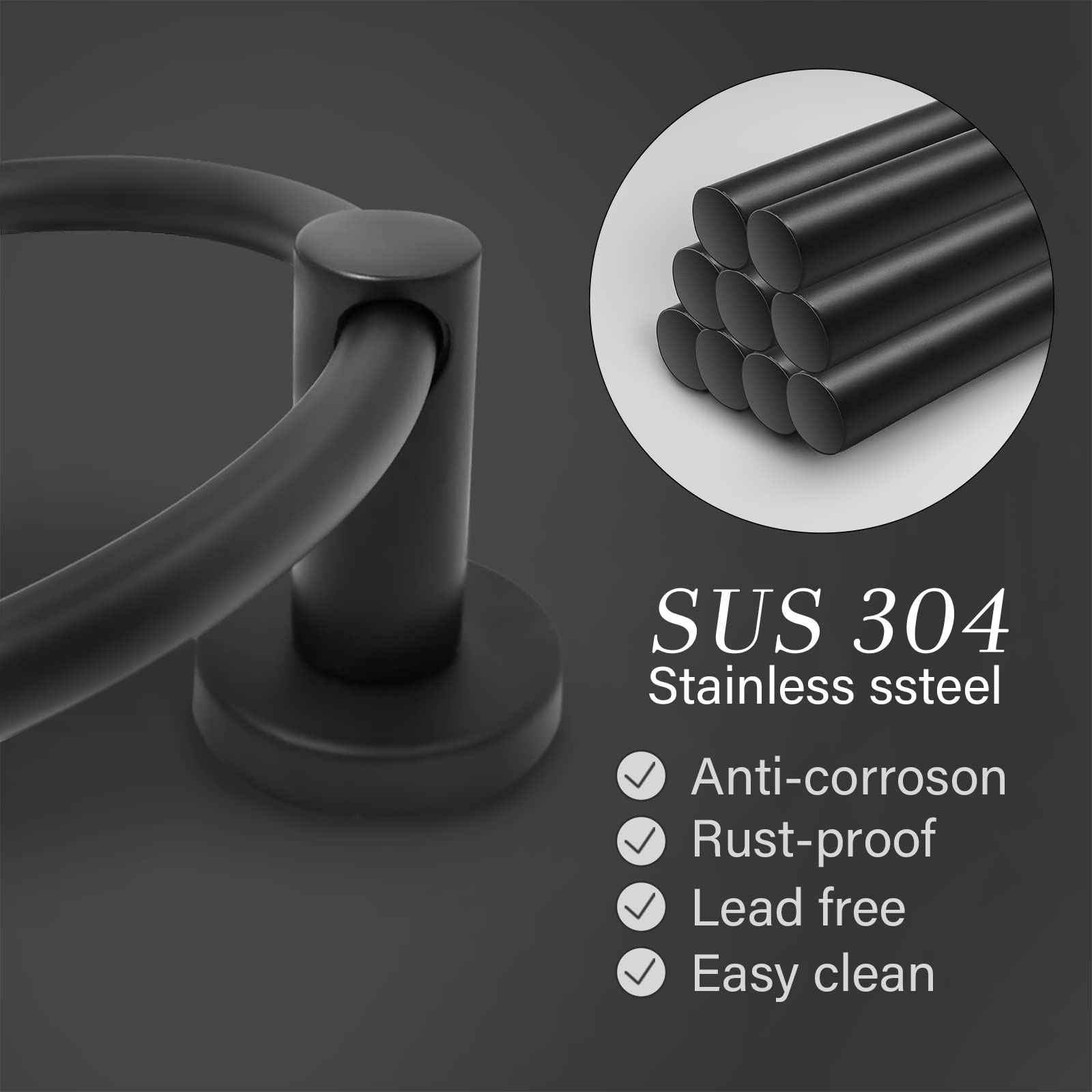 Black Towel Ring Hand Towel Holder for Bathroom Wall Mounted Bathroom Towel Holder Bathroom Towel-Racks Bathroom Hardware Simple Round Towel Hanger SUS 304 Stainless Steel (Black)