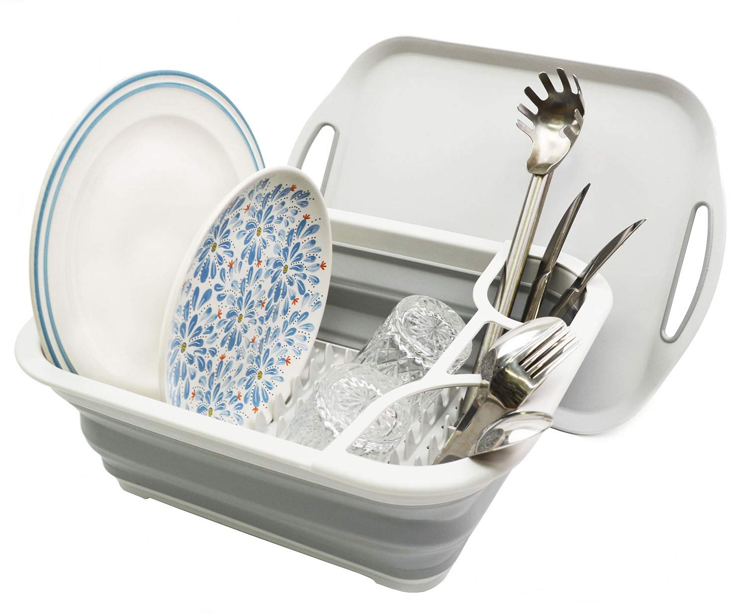 Sammart - Collapsible Dish Rack With Drainboard For Drying Dishes And Utensil - Foldable Design With Dinnerware Storage Tray- Pe