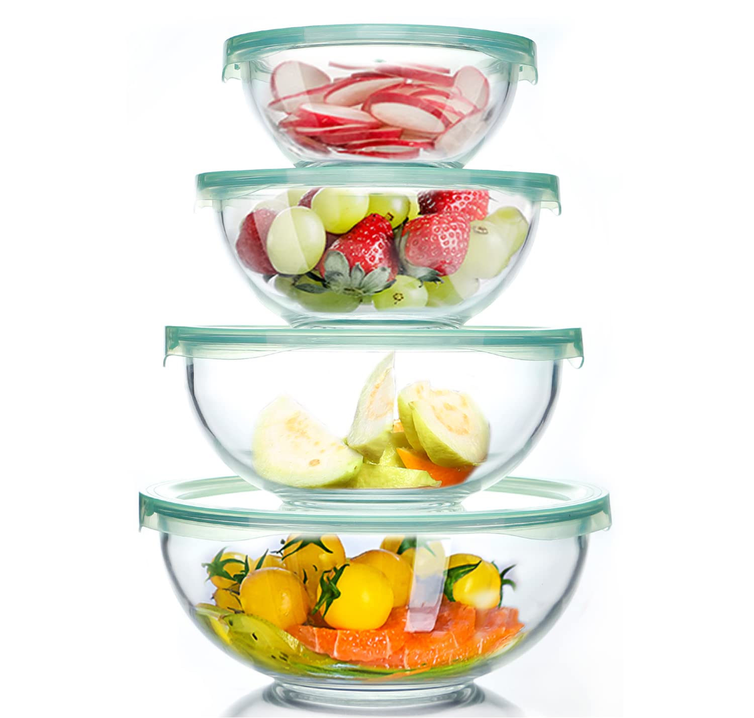 Luvan Glass Mixing Bowl With Airtight Lids, (1Qt, 1.5Qt, 2.5Qt, 3.7Qt), 8-Piece Kitchen Salad Bowls Clear Nesting Big Cooking Bo
