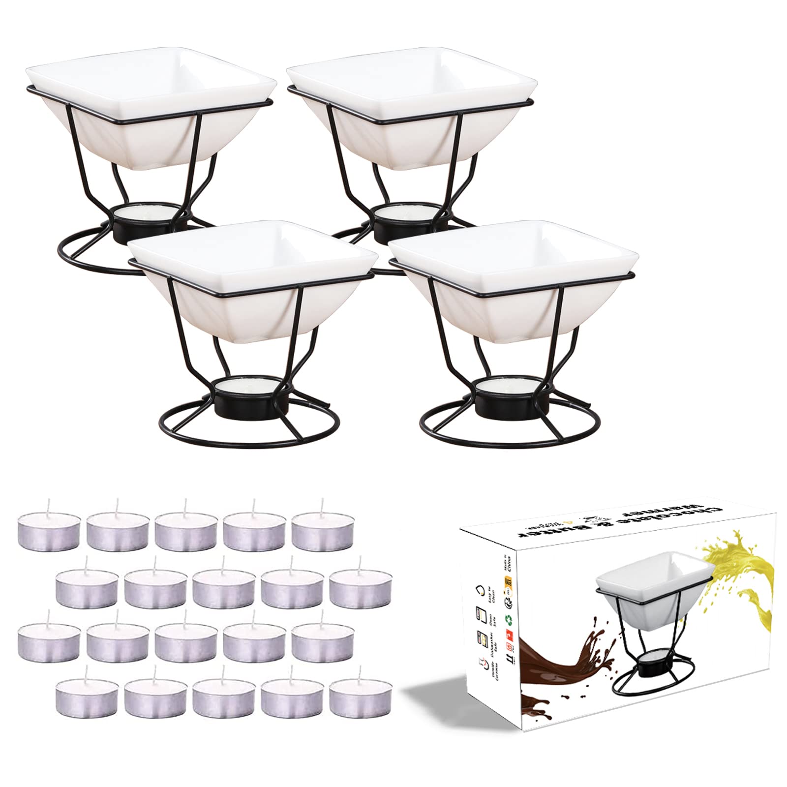 Luvan 7Oz Butter Warmers For Seafood With 20 Tealight,4Pcs Ceramic Butter Warmers Set For Chocolate Butter Cheese,Ceramic Bowl O
