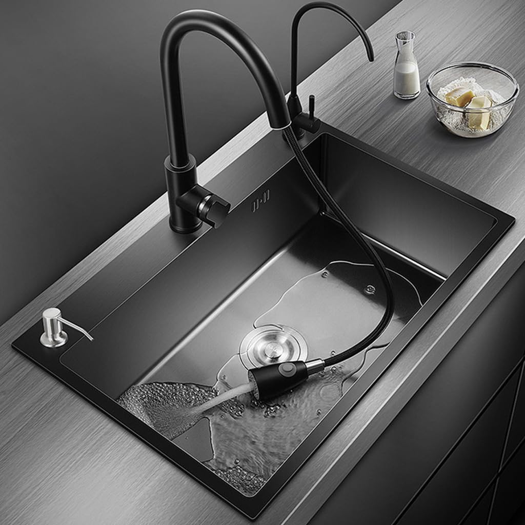 Artline Black Kitchen Sink, Stainless Steel Single Bowl Sink, Drop In/Topmount Workstation Sink With Sliding Accessories, Farmho