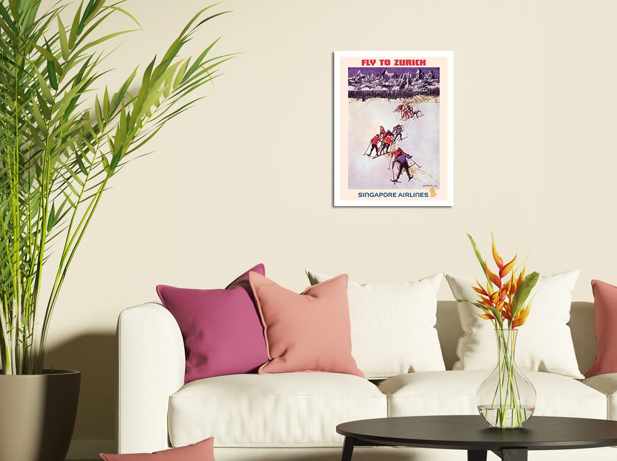 Fly To Zurich Switzerland - Skiing - Singapore Airlines - Vintage Airline Travel Poster By Seah Kim Joo C.1960S - Fine Art Rolle