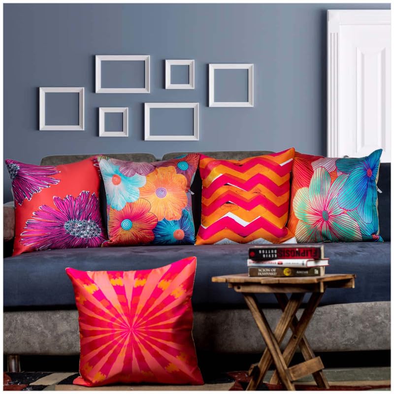 Vendola Decorative Satin 250Tc Sofa Cushion Pillow Covers, Multicolor, Set Of 5 Floral Cushion Covers(Florence,12X12 Inches)