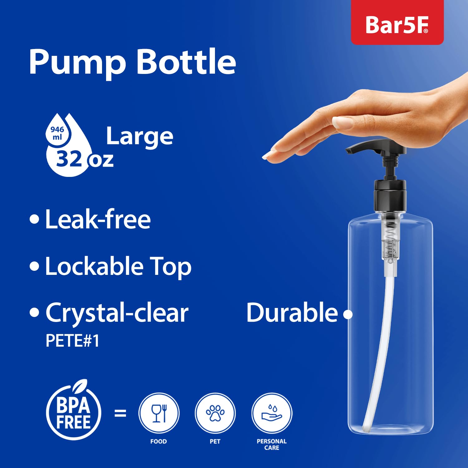 Bar5F Empty Shampoo Bottles with Pumps  32oz/1Liter/Large  BPA-Free  Lightweight (Medium Density PETE1 Plastic) Pack of 2  Oval Shape Clear Bottles