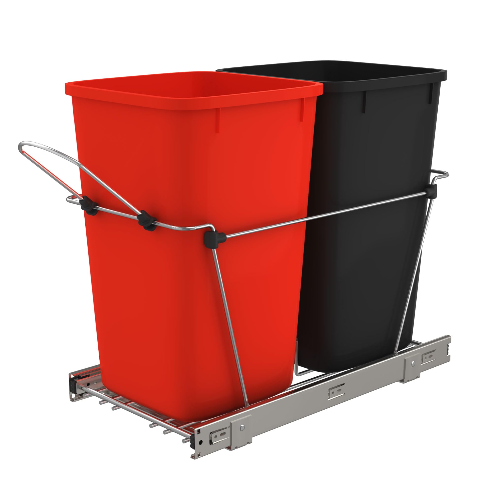 Rev-A-Shelf Pull Out Trash Can For Under Kitchen Cabinets 27 Qt 12 Gallon Garbage Recyling Bin With Full Extension Slides, Red/B
