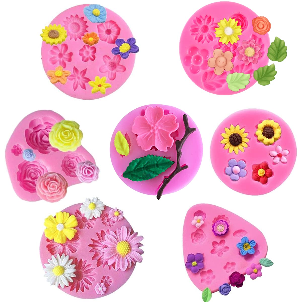 Vpqnee 7 Pieces Flower Fondant Mold Set, Mini Flowers Silicone Chocolate Candy Molds For Cake, Cupcake Decorating, Cake Pops, Po