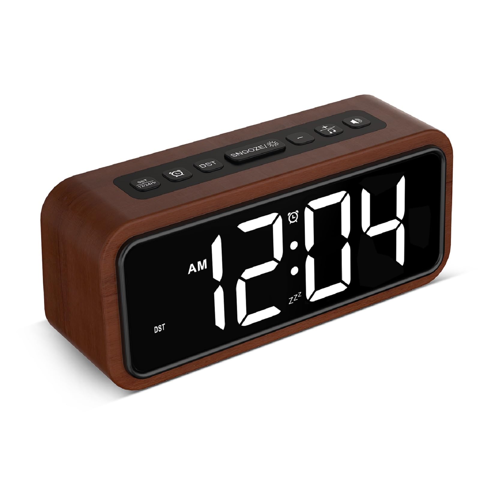 Netzu Wooden Alarm Clock, Loud Digital Plug-in Clock with 5 Volumes, 12 Ringtones, Manual DST, Snooze for Heavy Sleepers Bedroom