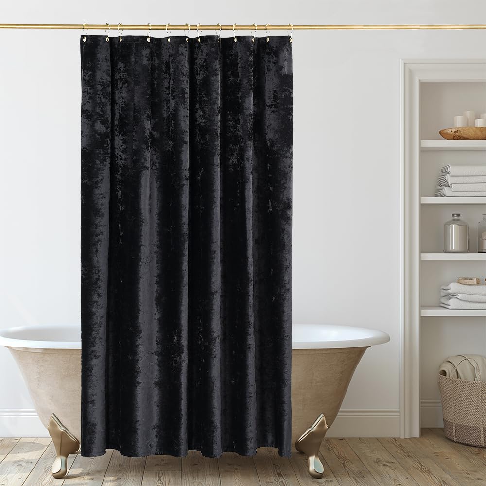 Tamgho Black Shower Curtain For Bathroom, Luxury Crushed Velvet Shower Curtain Black, Dark Shower Curtain Set With Gold Decro Me