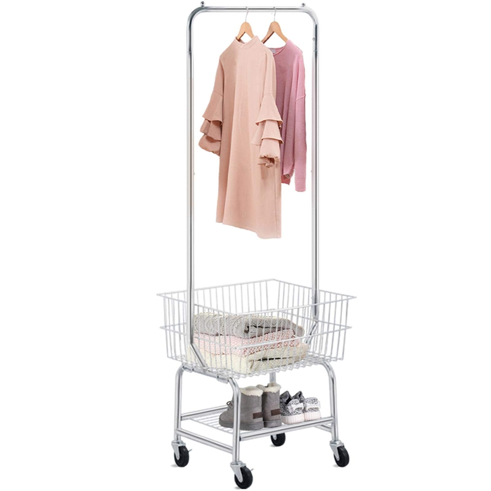 Go2Buy Standard Commerical Laundry Bulter Rolling Laundry Cart With Hanging Bar, Silver