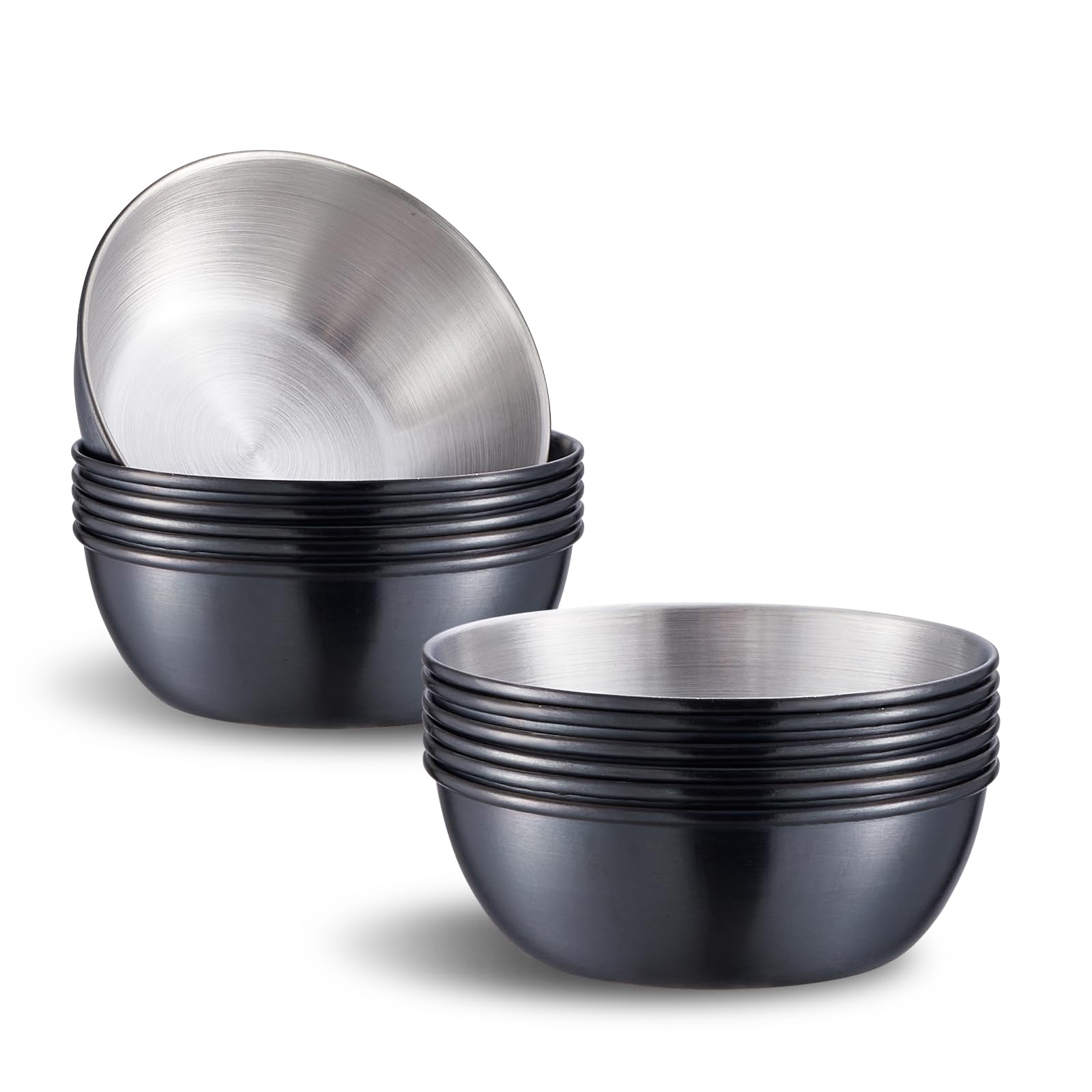 Onlycooker 12 Piece Sauce Cup Condiment Cups 3.2 Inch 3 Oz Black Stainless Steel Sauce Dish Dipping Bowl Small Seasoning Round S
