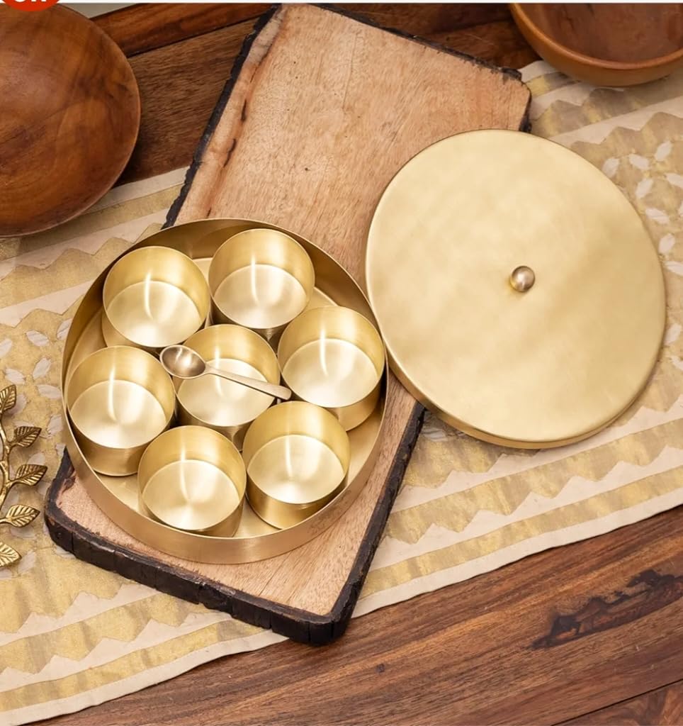 Blissful Decor Brass Spice Box For Kitchen (Pure Brass, 7 Detachable Containers,L 1 Spoon) | Brass Masala Box For Kitchen Masala