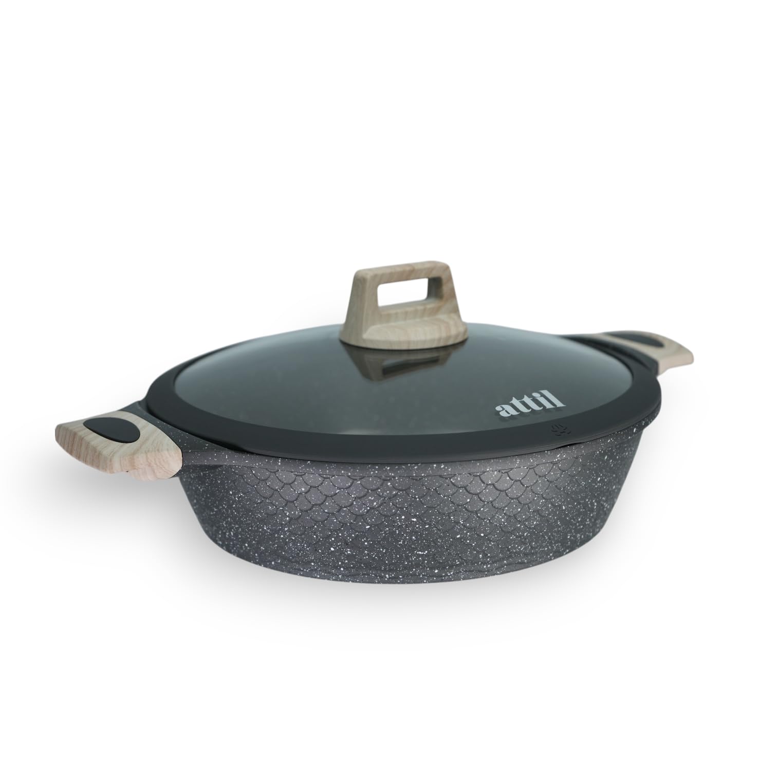 Attil - 28 Cm - Non Stick Deep Fry Pan With Glass Lid - Induction Base - Granite Cookware Deep Frying Pan 3.75Ltr, Granite Finis