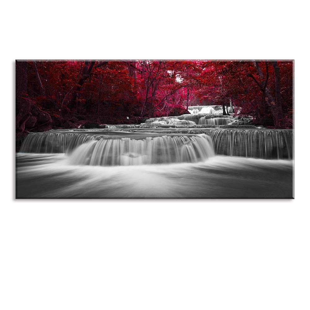 Home Wall Art D  Cor Of Wide Waterfall And Red Leaves,Maple Leaves Canvas Prints Pictures Painting Artwork,Beautiful Black White