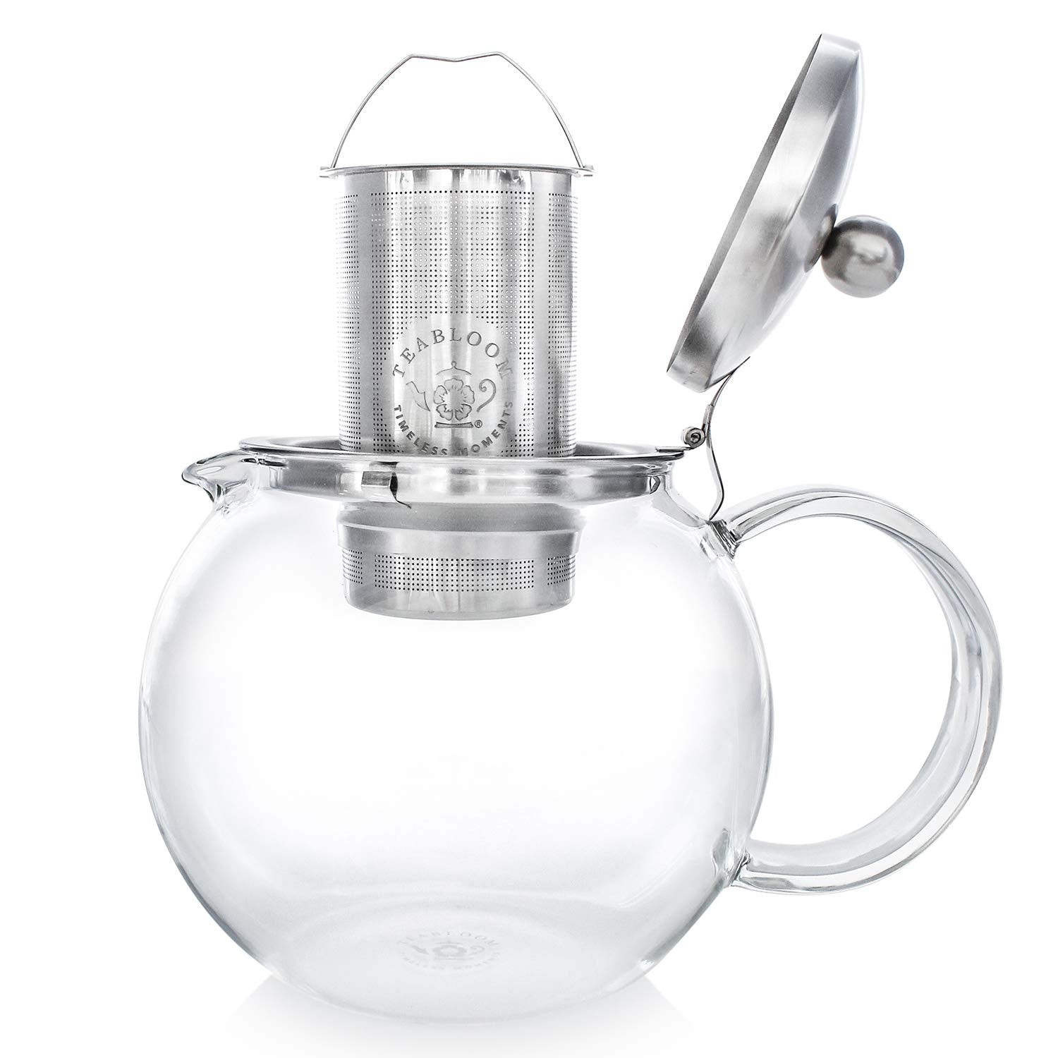 Teabloom Stovetop Safe Glass Teapot With Removable Infuser (40Oz/1200Ml) And Four Double Walled Glass Cups (5Oz/150Ml) - Classic