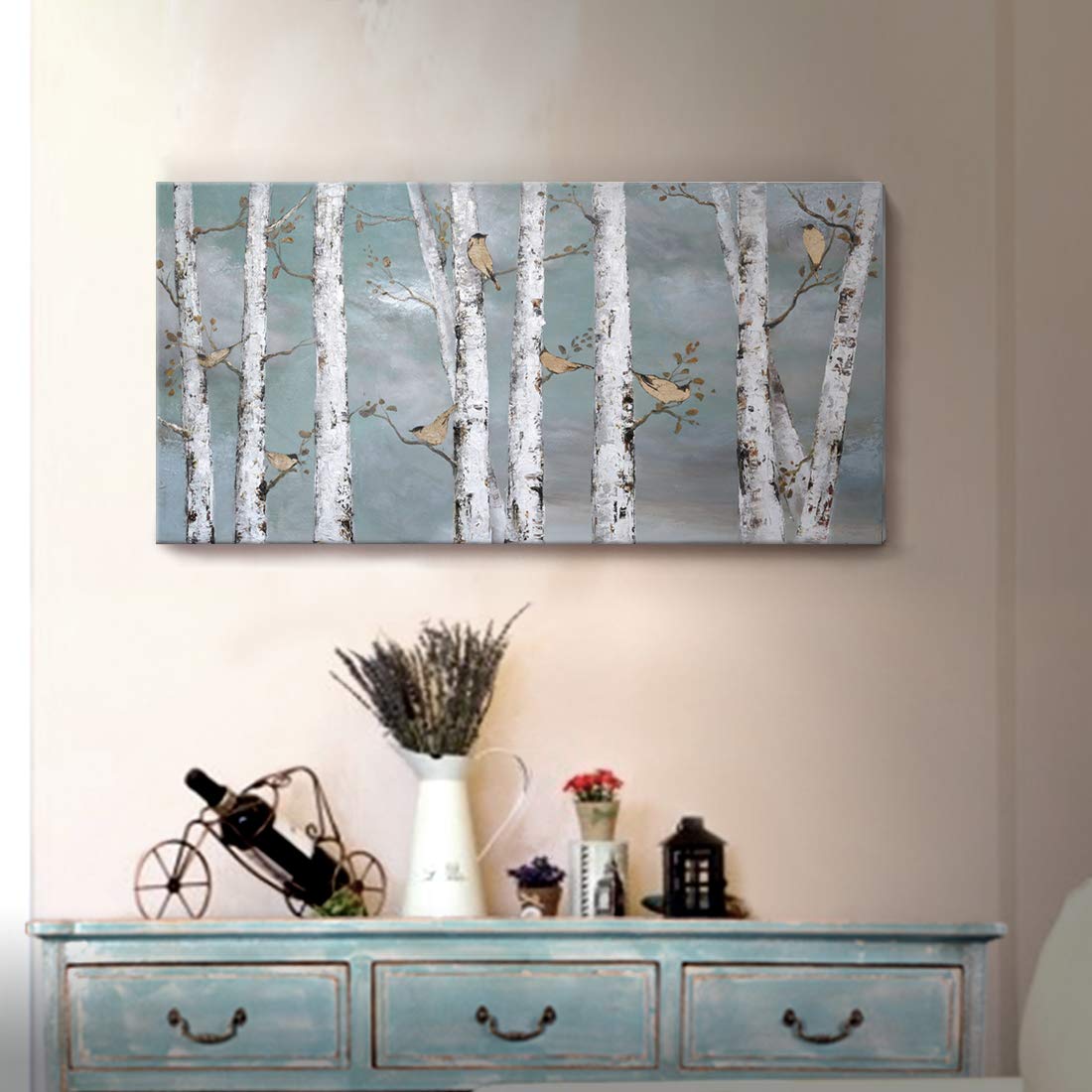 Amatop Teal Wall Art 100% Hand-Painted Landscape Forest Oil Painting On Canvas Original Framed Artwork Gold Bird Birch Tree Artw