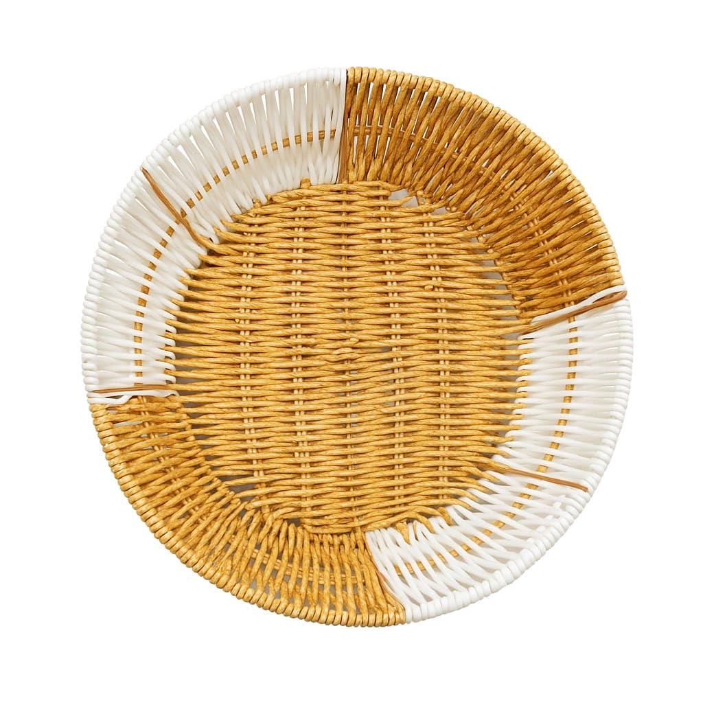 Quira HandWoven Rattan Fruit Basket/Serving Tray  Rustic Round Wicker Tray With Wood Insert For Kitchen & Dining Dcor