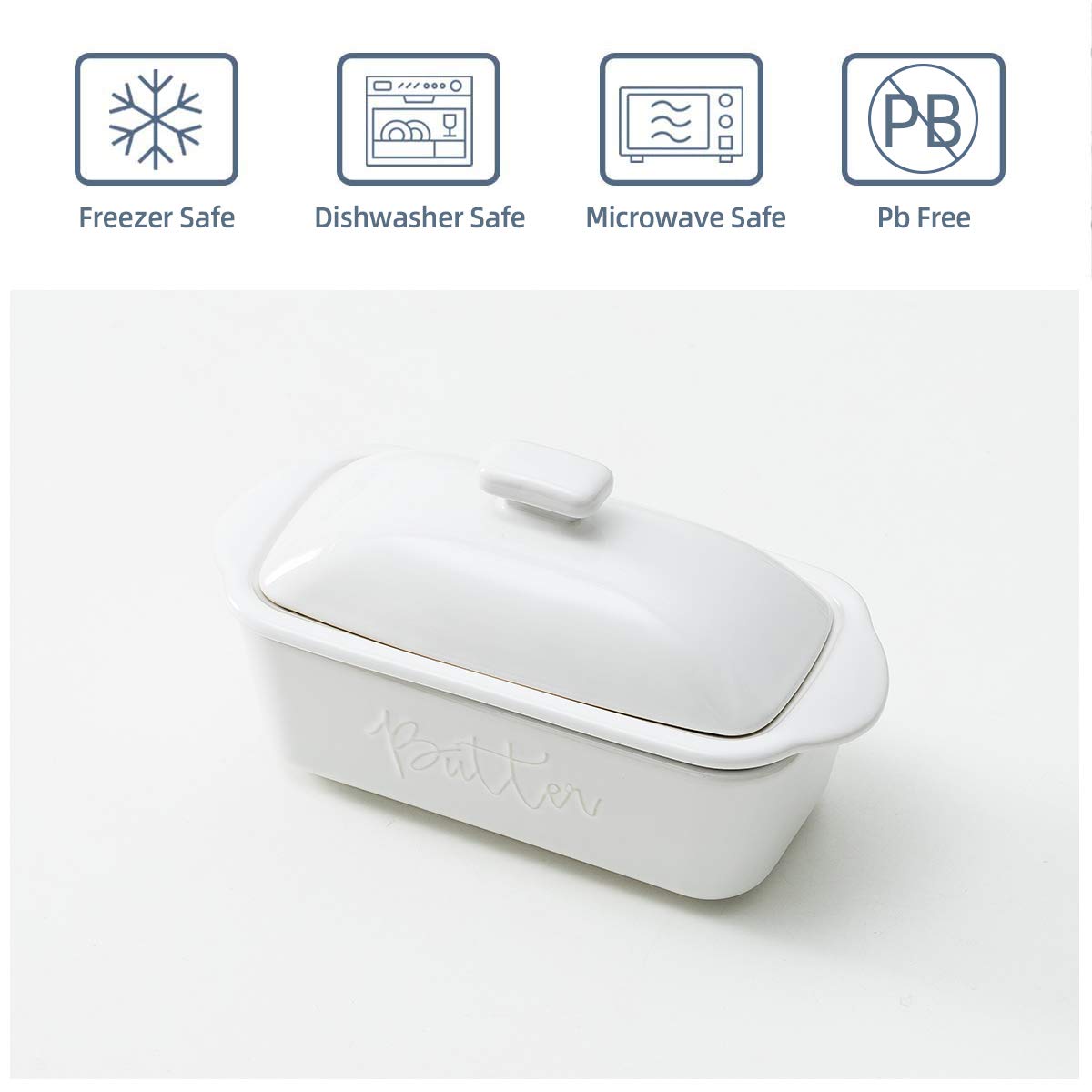 FE Butter Dish  10 oz Ceramic Butter Keeper with Water Line  French Butter Dish with Lid for Countertop (White)