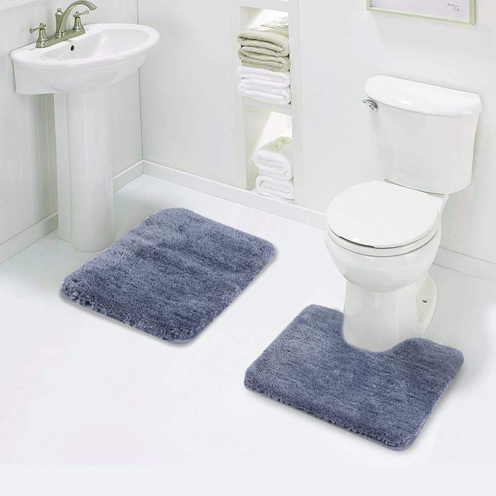 Walensee Shaggy 2 Piece Bath Rug Sets (Blue) 20 X 24 U Shape Contour Rug & 20 X 32 Bathroom Rug Machine Wash/Dry Bath Mats For B