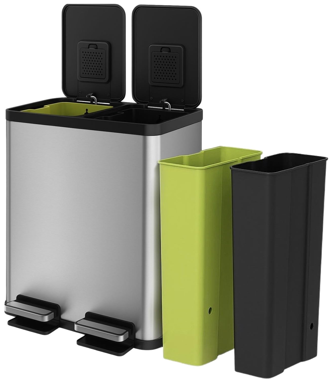 SIMPLI-Magic 16 Gallon (30L x 30L) Dual Compartment Step Trash Can - Kitchen Garbage Can with Slow-Close Lids - Waste & Recyclin