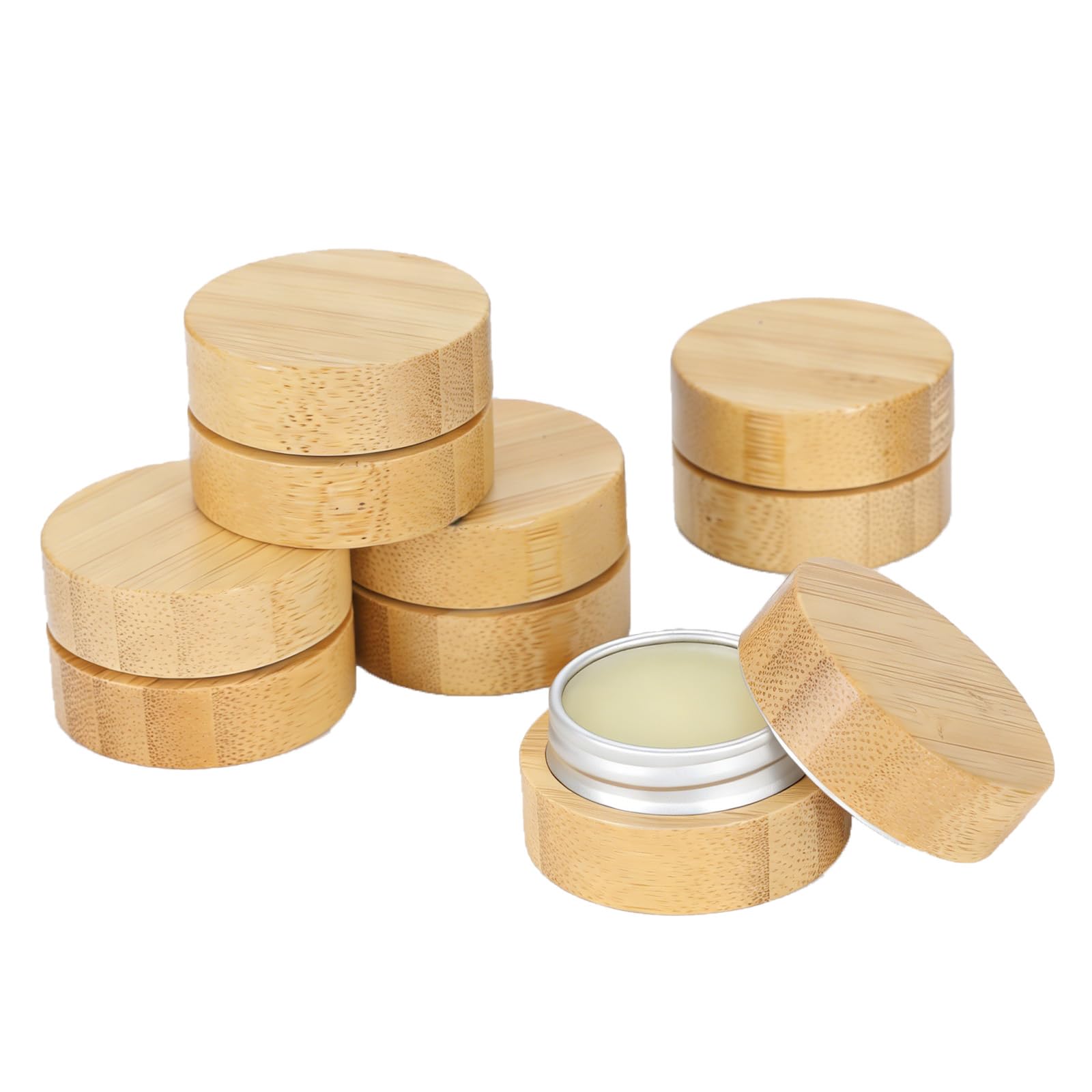 Gdfjiy 5Pcs Empty Aluminum Tin with Bamboo Shell, 10ml Mini Sample Containers Lip Balm Jars, Round Bamboo Cosmetic Jars Refillab
