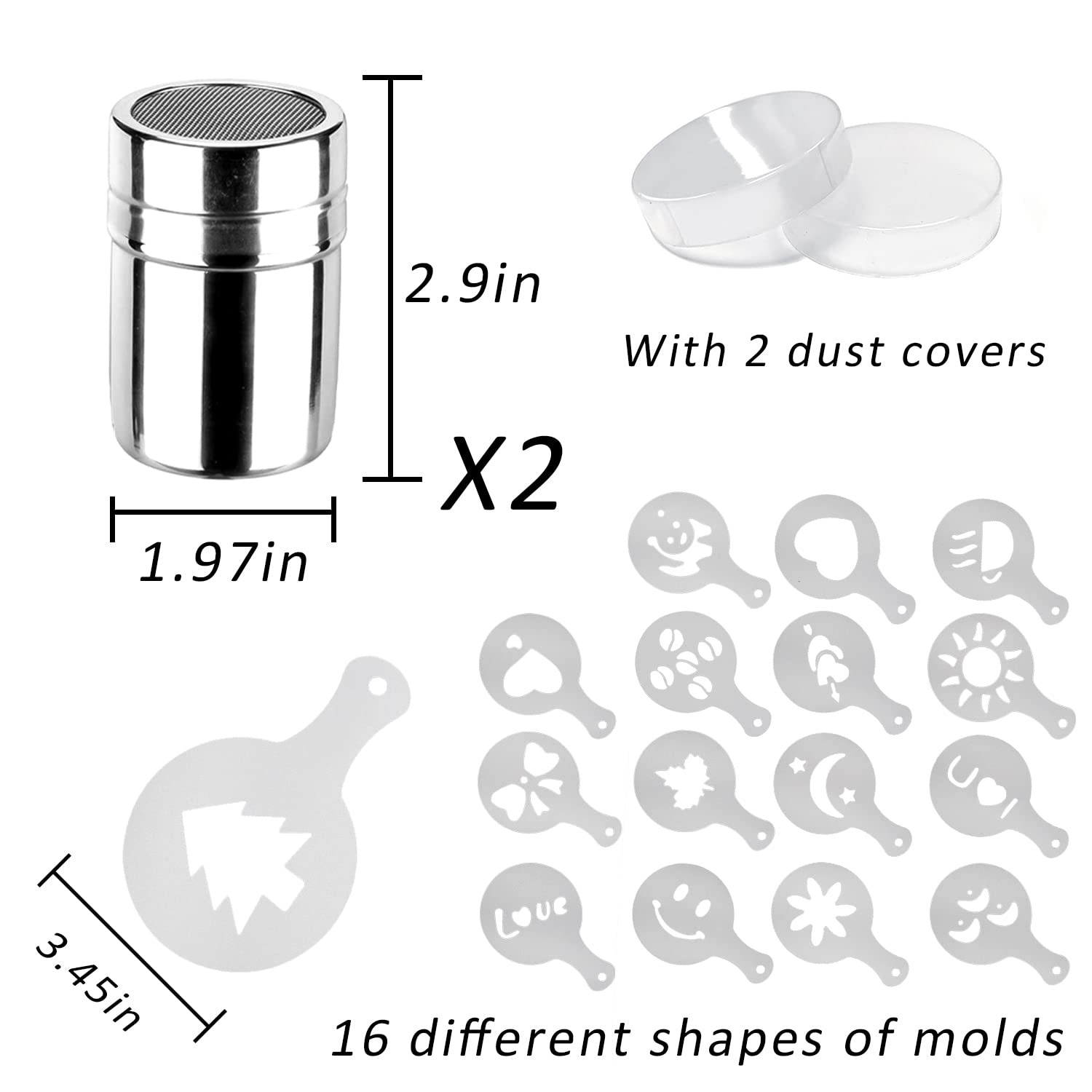 Mauts-Inus 2 Pack Chocolate Shaker Dusters Mesh Powder Shaker Shaker 16 Coffee Templates Set For Syrup,Cream,Powderedsugar,Cocoa