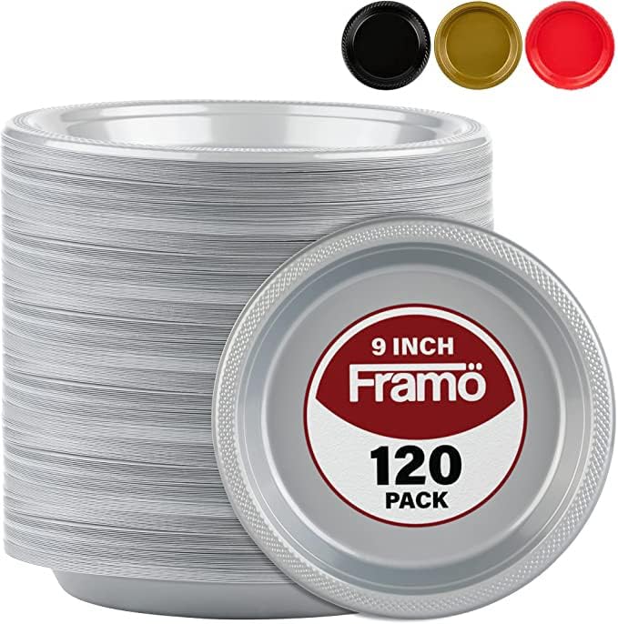 Framo Disposable Plastic Plates  Pack of 120-9-Inch Round Plastic Plates (SILVER  9-INCH 120 PACK)