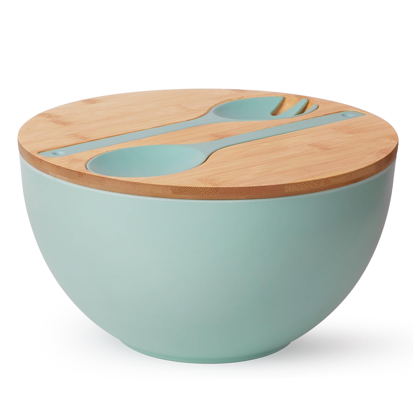 11.3'' Extra Large Salad Bowl With Wooden Lid & Servers, 208Oz, Oversized Bamboo Fiber Salad Serving Set With Utensils For Home/