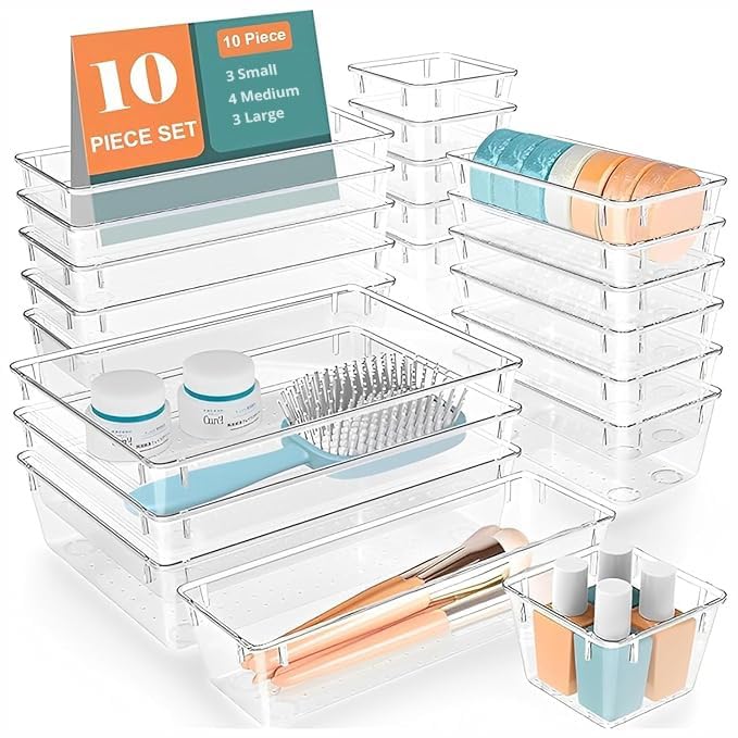 Livingbasics 10 Pcs Unbreakable Drawer Organizer/Drawers Organisers/Make Up Organiser/Drawer Divider Tray/Makeup Dresser Tray/Dr