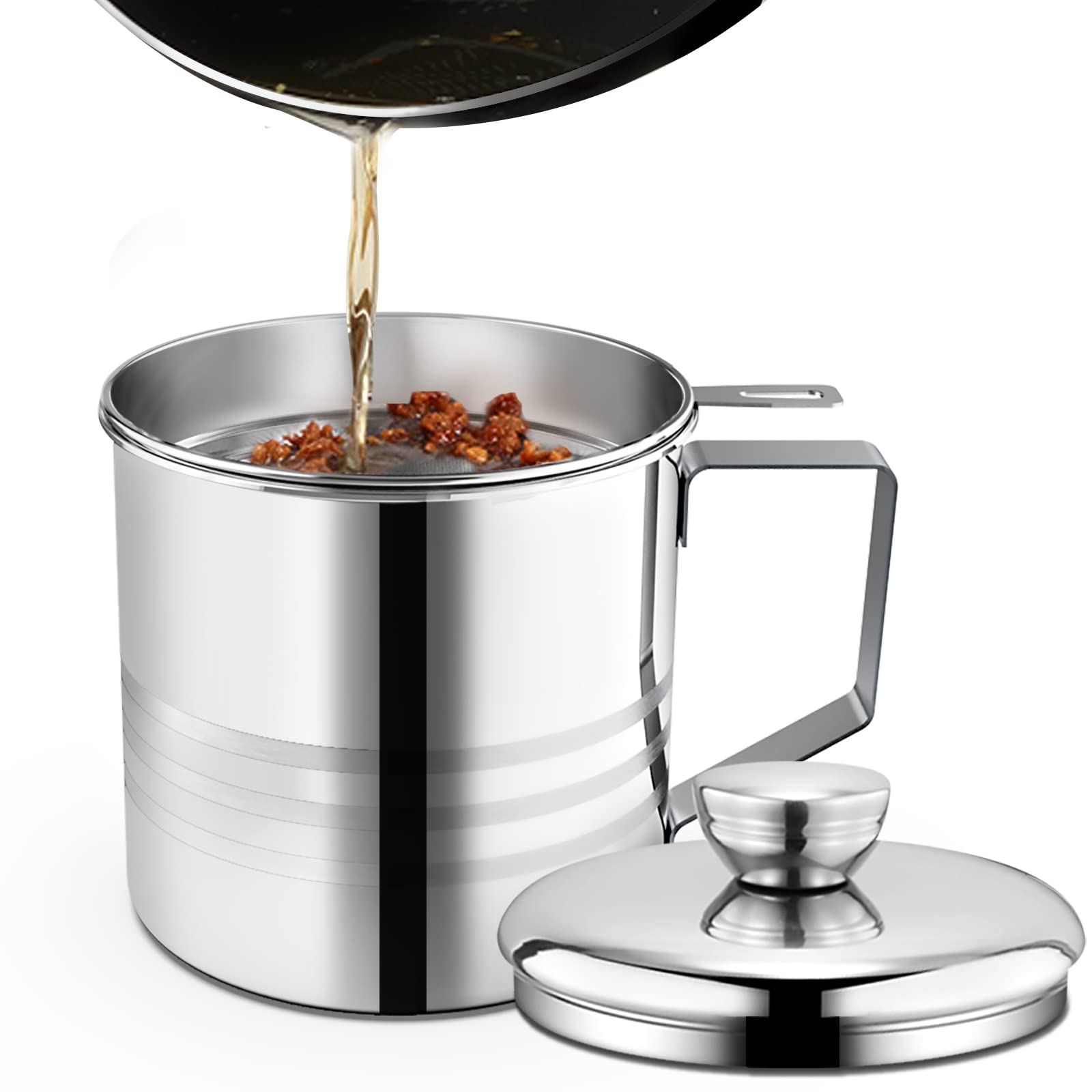 Chihee Grease Container Stainless Steel Bacon Grease Saver With Fine Mesh Strainer 1.2L / 40 Fl Oz Oil Container Grease Can With