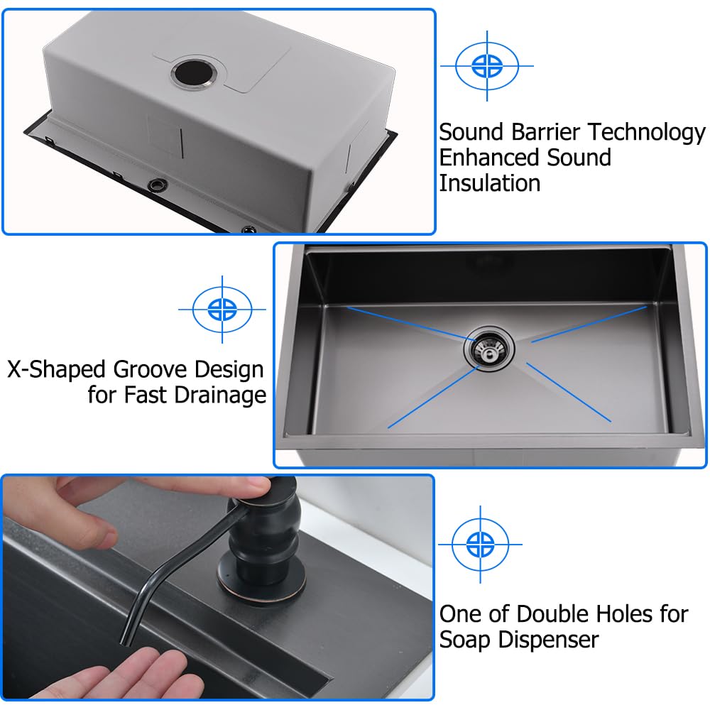 Boomhoze 33 Inch Black Stainless Steel Drop In Kitchen Sink, 33X19 Drop In Kitchen Sink Workstation Single Bowl Kitchen Sink 16