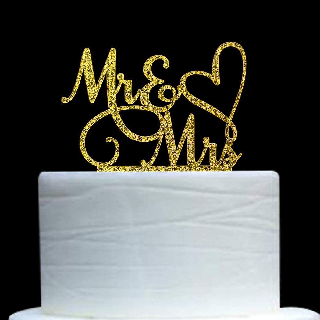 AMINJIE Mr and Mrs Cake Topper  Bride and Groom Sign Wedding/Engagement Cake Toppers Decoration  Gold Glitter Acrylic