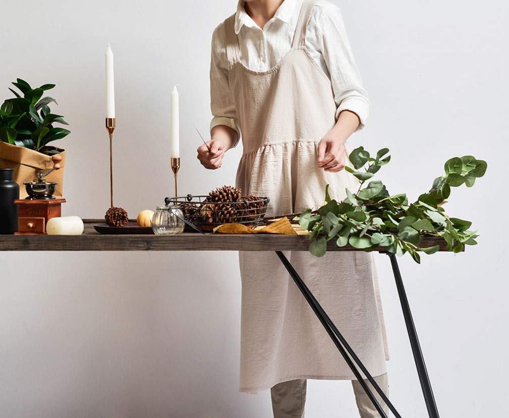 Women Girls Vintage Cute Apron Gardening Works Cross Back Cotton/Linen Blend Aprons Pinafore Dress With Two Pockets (Beige)