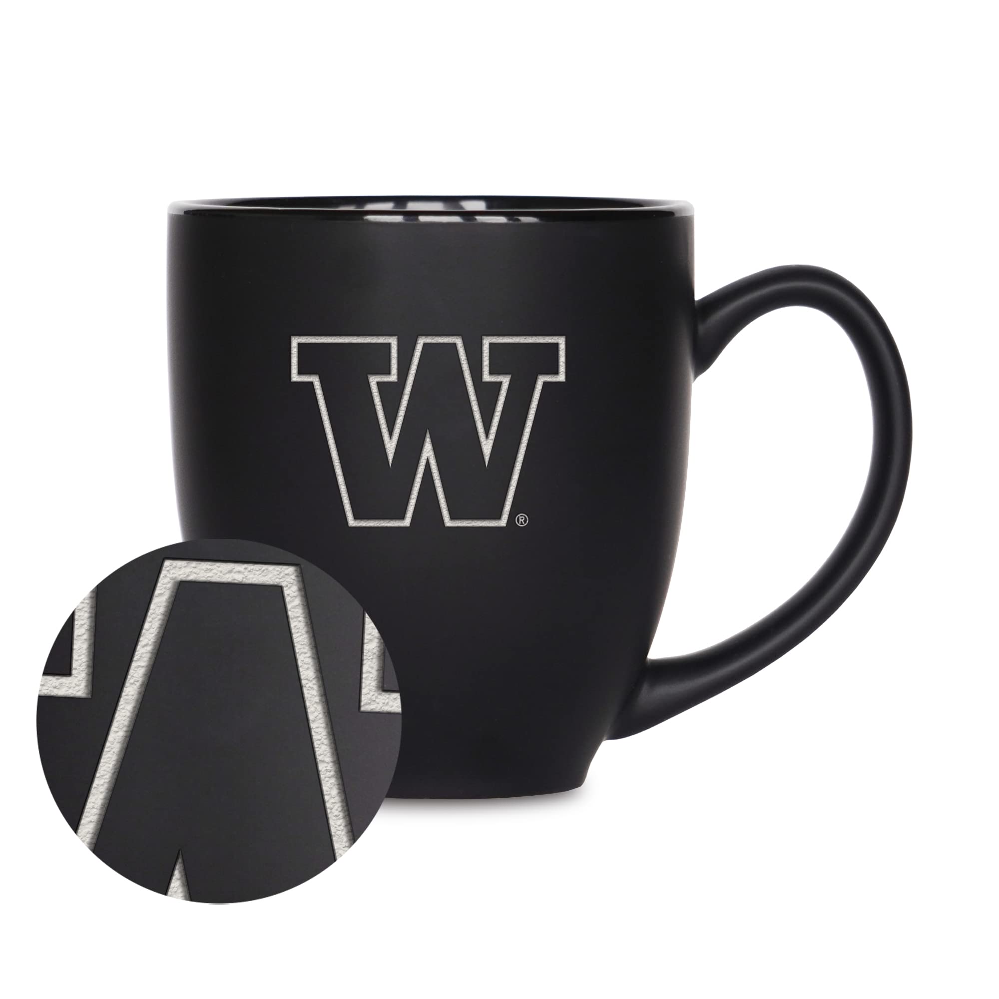 Rico Industries NCAA Washington Huskies Main 15oz Laser Engraved Matte Black Ceramic Bistro Mug - For Hot or Cold Drinks