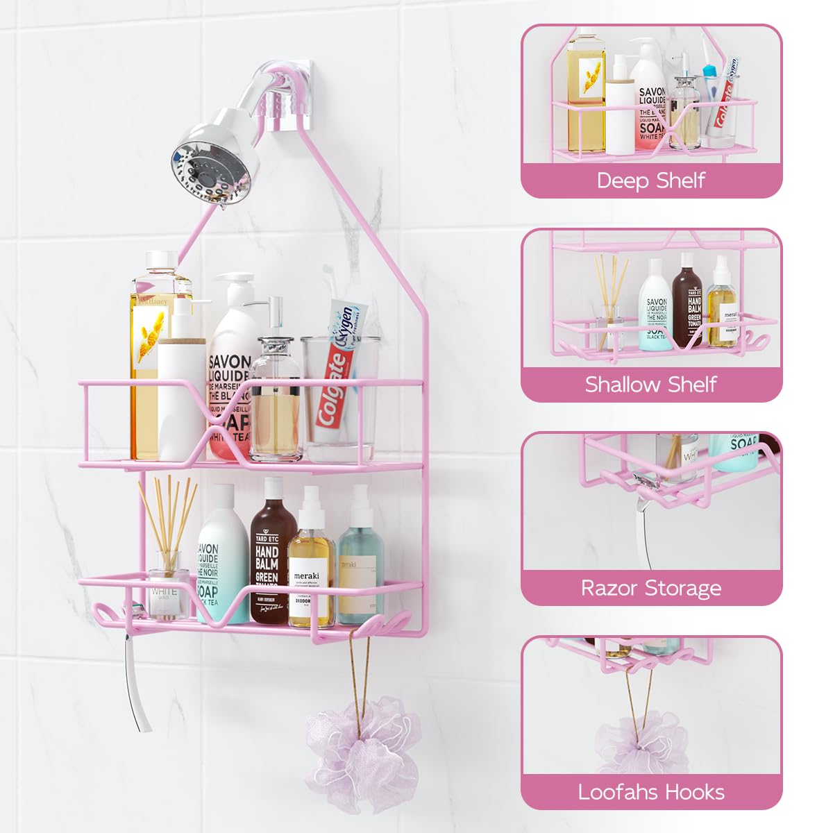 TreeLen Pink Shower Caddy Over Shower Head  Pink Bathroom Accessories  Gift for Girlfriend  Wife  Little Girl