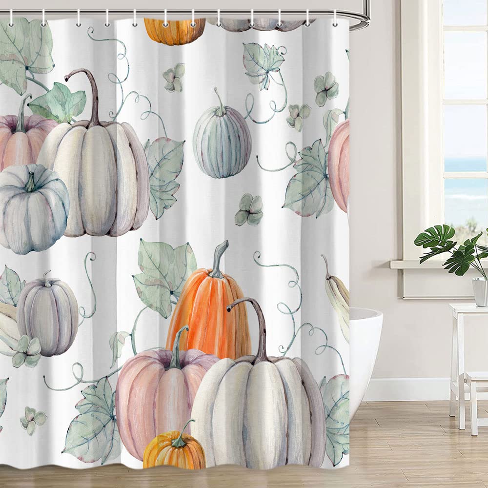 Icteisom Fall Pumpkin Shower Curtain, Autumn Harvest Thanksgiving Decoration Bathroom Shower Curtains With 12 Hooks Set 72X72 In