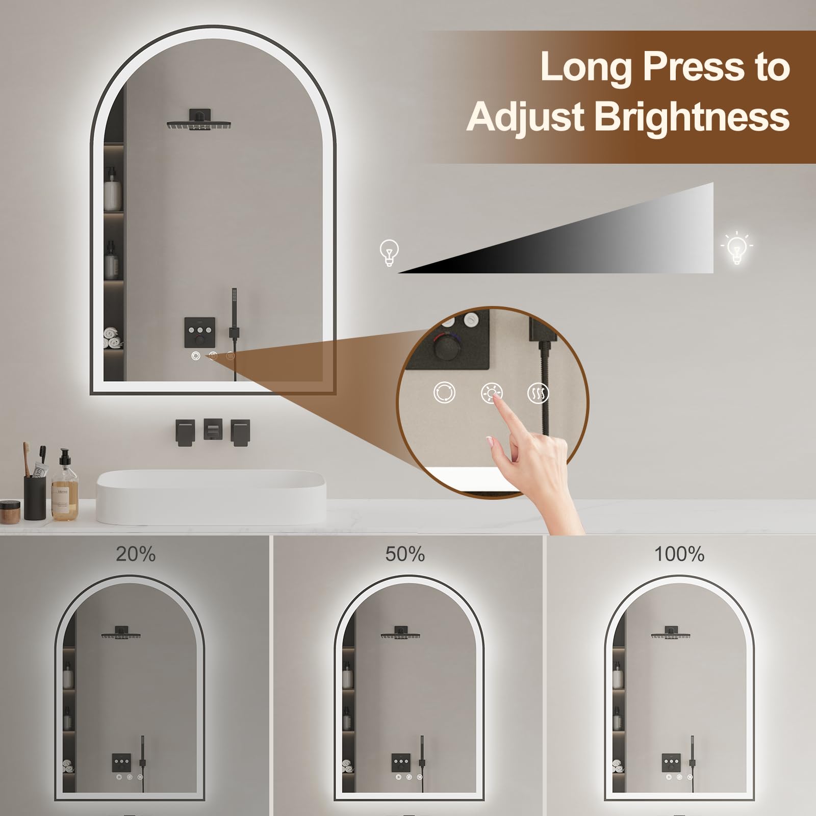 Oumusu Arched Led Bathroom Mirror 20''X30'' With Front And Backlight, Black Bathroom Mirror With Lights-Anti-Fog, Dimmable-Led M