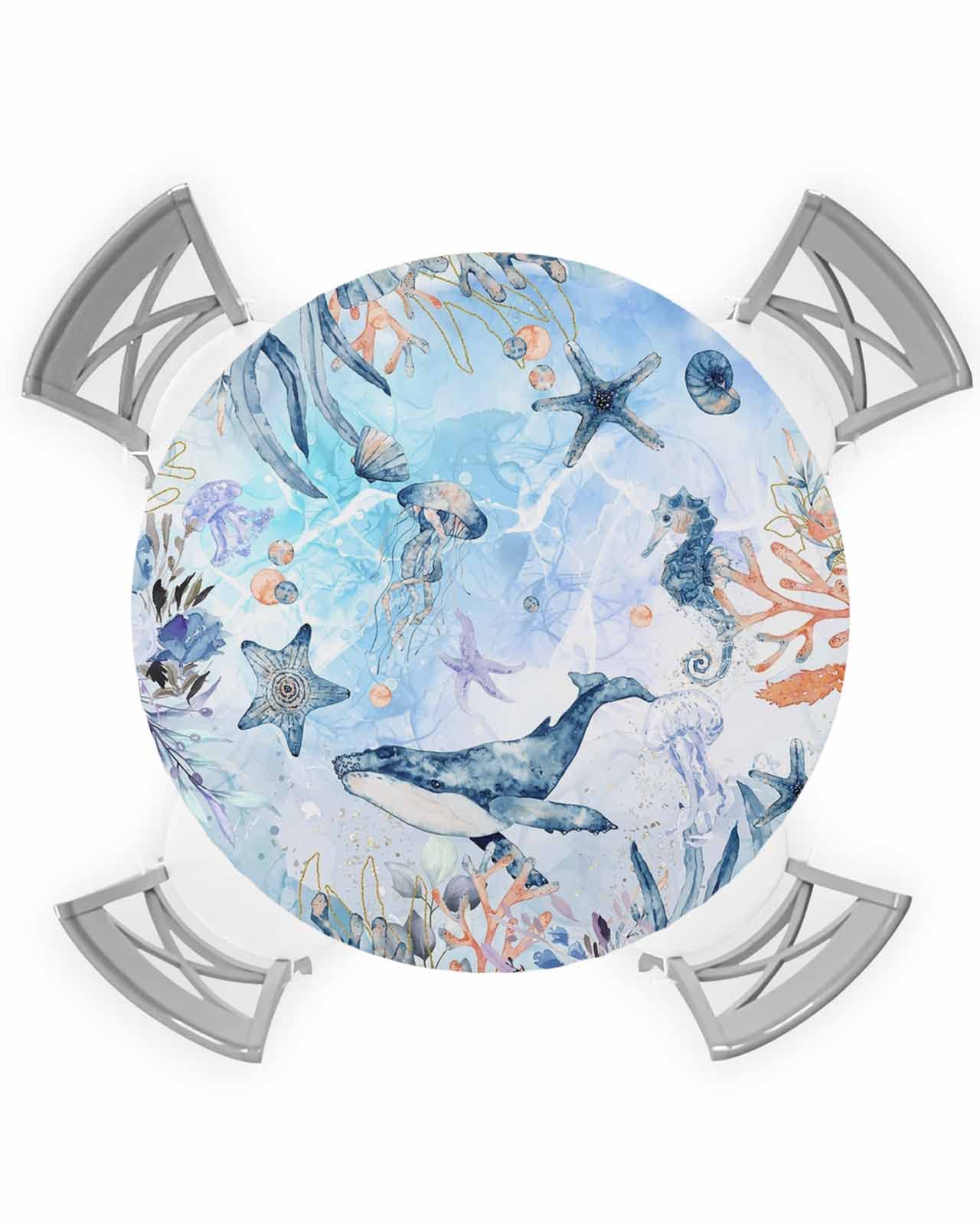 EwdeWwo Whale Elastic Round Tablecloth, Blue Ocean Creature Sea Horse Starfish Watercolor Style Fitted Tablecloths for Round Tab