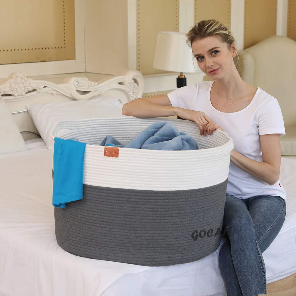 Gocan Extra Large Laundry Basket Toy Storage 22''X22''X14'' Blanket Basket Cotton Rope Woven Baskets With Handles For Living Roo