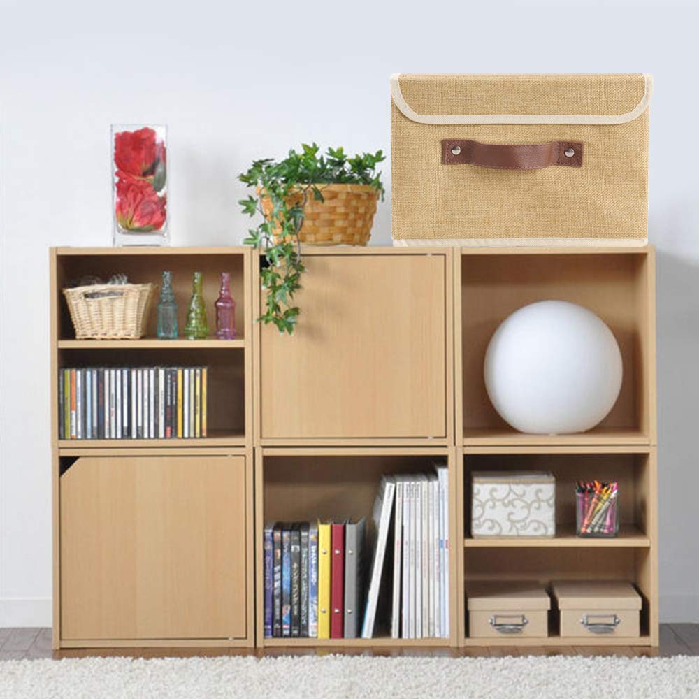 Lucky Monet 2 Pack Linen Fabric Foldable Storage Bin Set Collapsible Storage Box Cube Closet Organizer with Lid & Faux Leather Handle  10 x8 x7  (Khaki)