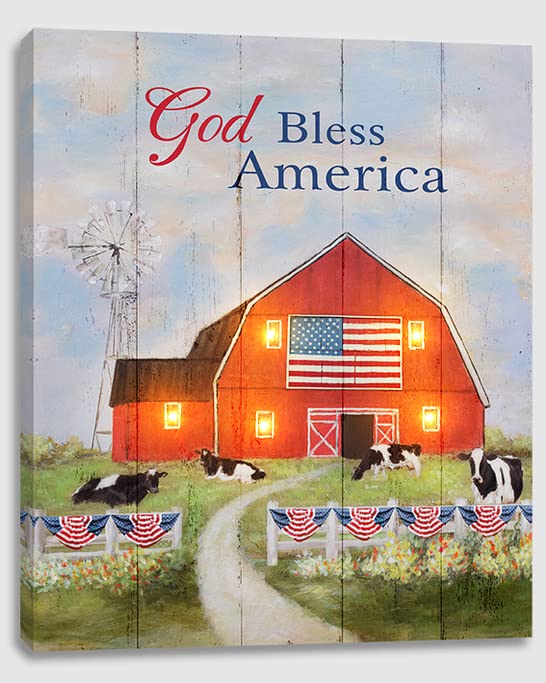 Alottagifts God Bless America Barn Lighted Canvas Wall Art Print 16'' X 12'' With Timer | Led Canvas Wall Art Print Design | Mod