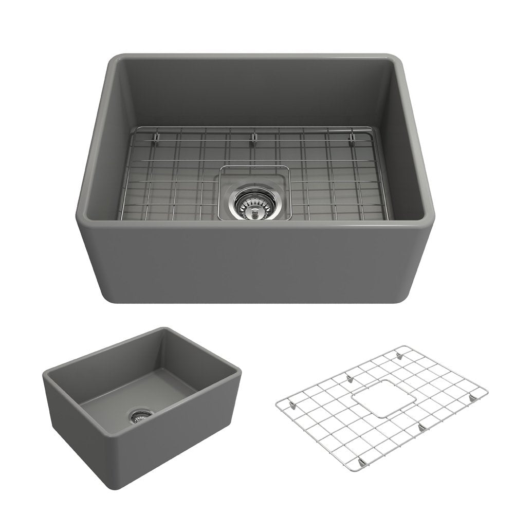 Bocchi Classico Farmhouse Apron Front Fireclay 24 In. Single Bowl Kitchen Sink With Protective Bottom Grid And Strainer In M.Gra