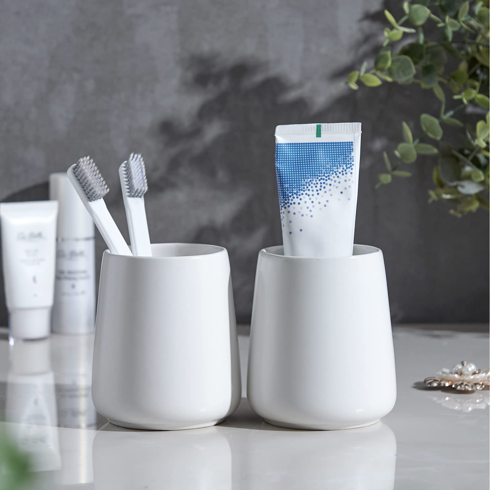 White Toothbrush Holder For Bathroom - 2Pcs Ceramic Tooth Brushing Holders Set, Toothbrush Cup & Toothpaste Organizer For Bathro
